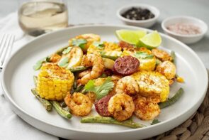 Chorizo and Prawn Cajun Tray Bake with Corn, Green Beans and Baby Potatoes