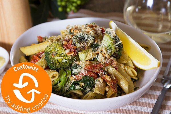 Pesto Penne with Grilled Broccoli and Cherry Tomatoes, Parmesan and Pine Nuts