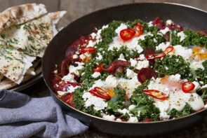 Shakshuka with Chorizo, Fetta and Herby Pita