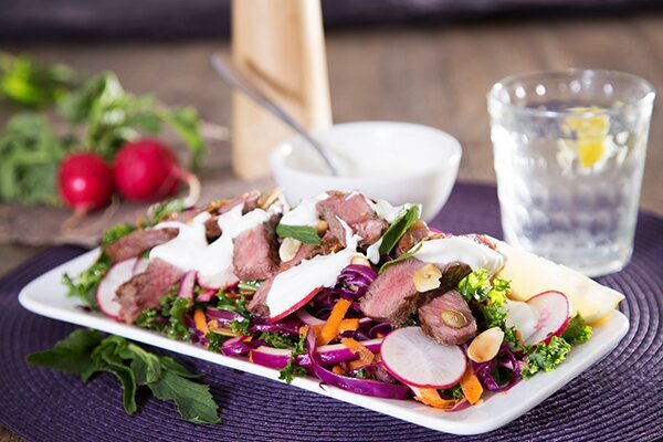 Superfood Salad with Baby Kale, Porterhouse Strips, Fresh Mint and Lemon Zested Yoghurt