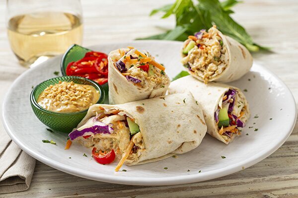 5 Minute Satay Chicken Wraps with Fresh Mint and Coleslaw