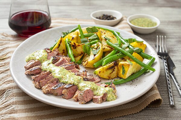 BBQ Lamb Steaks with Mustard & Mint Sauce, Baby Potatoes, Squash and Green Beans