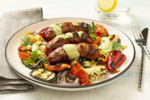 BBQ Sausages and Veg with Green Sauce and Couscous