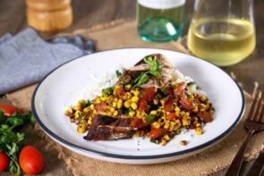 Blackened Chipotle Chilli Chicken with Zucchini Rice Pilaf & Tomato Corn Salsa