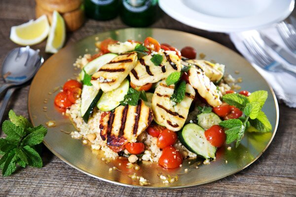 Haloumi Couscous Salad with Garlic Lemon Dressing