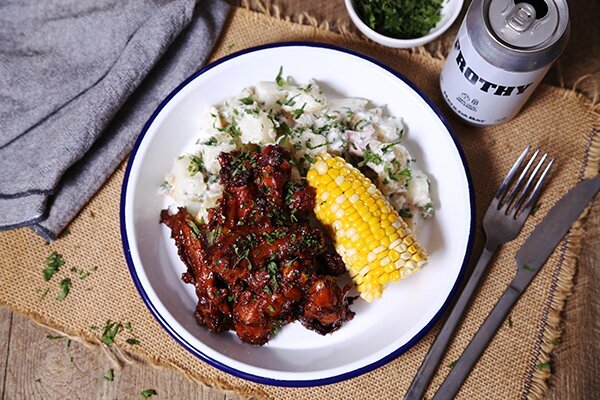 Smokey BBQ Chicken Ribs with Aioli Potato Salad and Sweetcorn