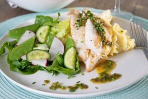 Snapper with Lemon & Chive Butter Sauce, Garlic Mash and a Crisp Side Salad
