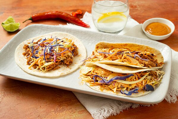 5 Minute BBQ Pulled Pork Tacos with Chipotle Coleslaw