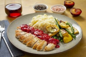 Chicken and Chunky Ginger Plum Chutney with Mash and Veggies