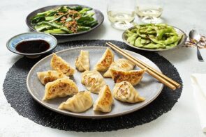 Homemade Chicken Dumplings with Edamame & Choy Sum