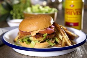 Panko Haloumi Burger with Chipotle Aioli and Home Made Fries