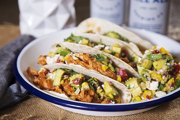 Pineapple Chicken Tacos with Street Corn, Fire Roasted Capsicum and Avocado Salsa