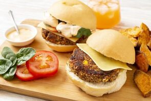 Spicy Black Bean Burgers on Sesame Lye Bun with Fries