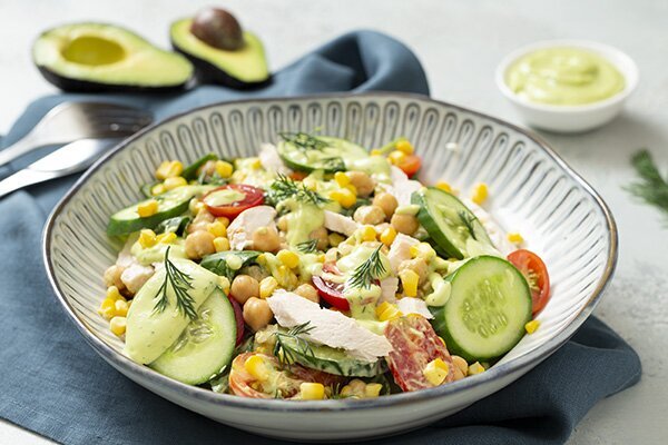 Chicken, Spinach and Chickpea Salad with Avocado and Dill Dressing