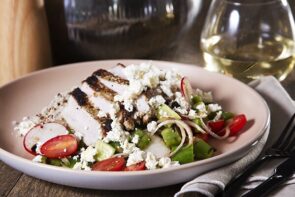Dukkah Crusted Pork with Quinoa, a Fetta Salsa and Pomegranate Molasses Dressing