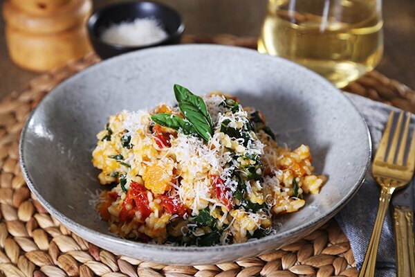 Pumpkin & Sun Dried Tomato Risotto with Silverbeet & Parmesan