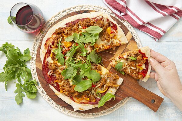 Quick BBQ Pulled Pork Pizza with Mini Capsicums and Rocket