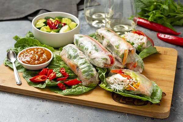 Vietnamese Chicken Rice Paper Rolls with Peanut Dipping Sauce and Cucumber Salad