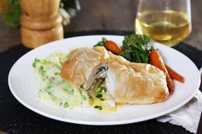 Filo Chicken Kiev with Pea & Potato Mash, Broccoli & Baby Carrots