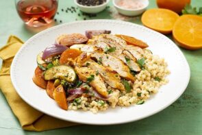 Persimmon Chicken with Roasted Veg and Harissa yoghurt Dressing