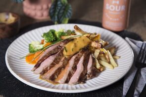 Seared Porterhouse with Soy Butter Glaze Oven Fries and Veggies