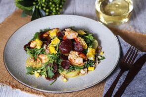 Seared Prawns and Chorizo Salad with Sweet Corn, Rocket and Potato