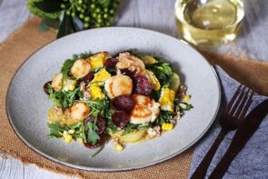 Scallop and Chorizo Salad with Sweet Corn, Rocket and Potato