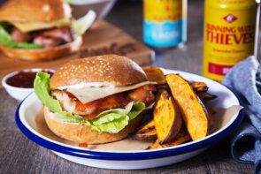 Chilli Chicken Burger on a Turkish Bun with Sweet Potato Fries