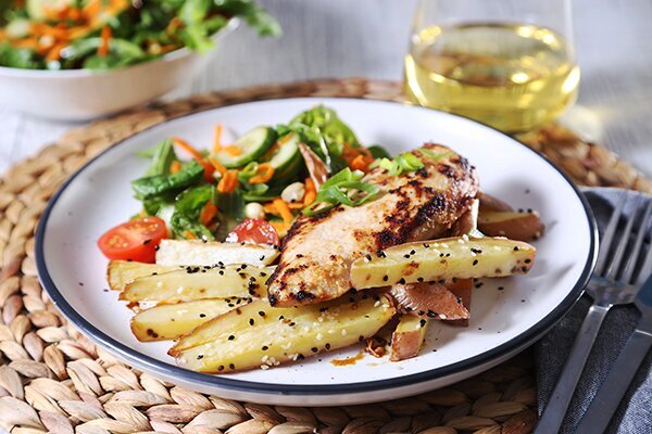 Grilled Ginger Miso Chicken with Sesame Fries and Crunchy Peanut Salad