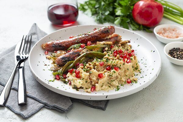 Lamb and Rosemary Sausages with Celeriac Mash and Pomegranate