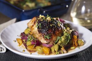 One Dish Harissa Chicken with Smashed Olives, Apricots and Couscous