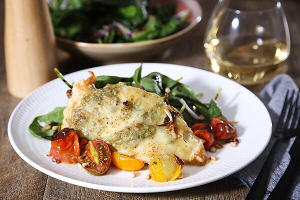 One Pan Caprese Chicken with Spinach, Pine Nut and Balsamic Salad
