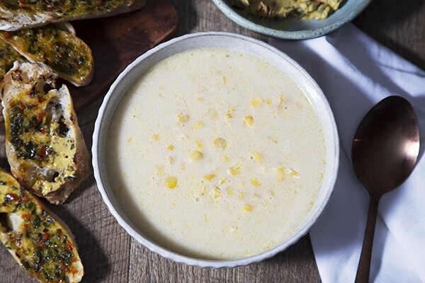 Sweetcorn Soup with Herb, Garlic and Chilli Butter and Hot Grilled Ciabatta