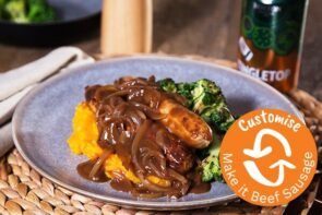 Chicken Sausages in Onion Gravy with Sweet Potato Mash and Veggies