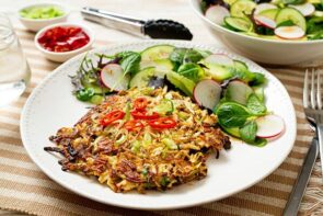 Crispy Ramen Fritters with Cucumber, Radish and Mixed Lettuce Salad