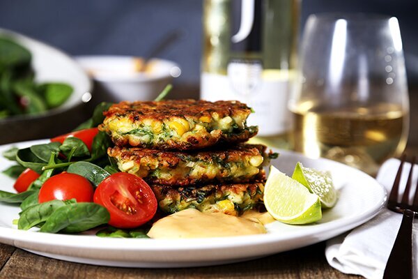 Jalapeno, Cheddar and Corn Fritters with Honey Chipotle Mayo and Salad