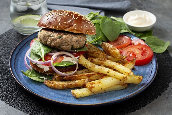 Lamb Burger with Garlic Aioli and Fries