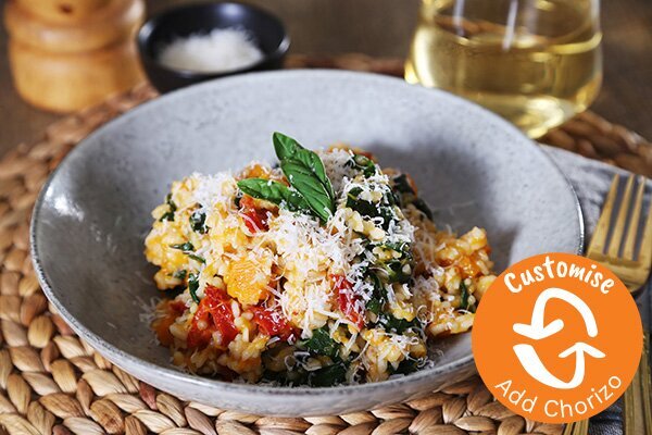 Organic Pumpkin & Sun Dried Tomato Risotto with Silverbeet & Parmesan