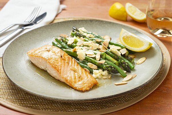 Seared Salmon and Green Vegetables with Toasted Almonds and Bocconcini