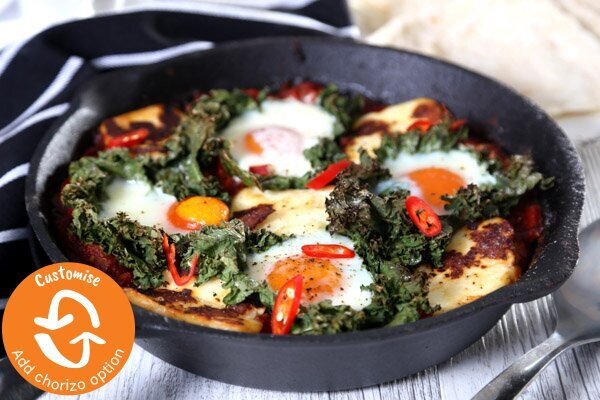 Shakshuka with Grilled Haloumi, Free Range Eggs & Kale