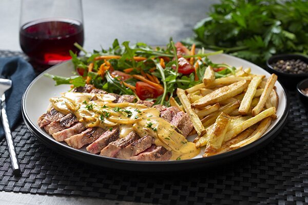 Steak Diane with Fries and a Garden Salad
