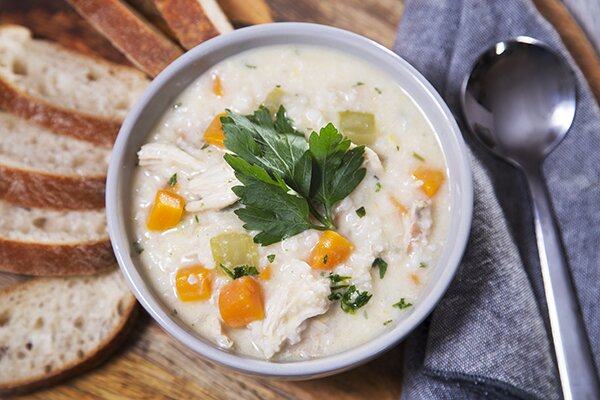 Greek Lemon Chicken and Rice Soup with Warm Ciabatta