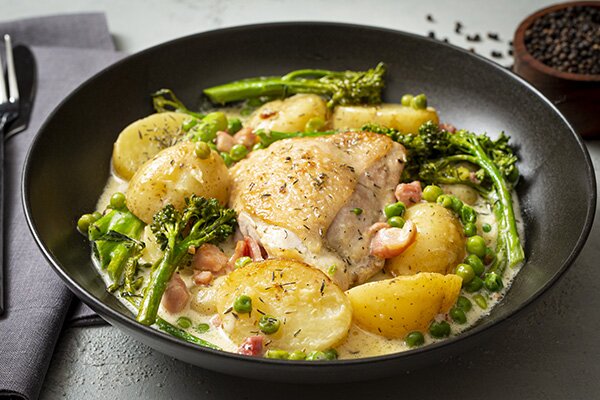 Honey Mustard Chicken and Potato Bake with Broccolini and Peas