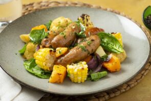 Mild Italian Pork Sausage Tray Bake with Parmesan Roasted Vegetables