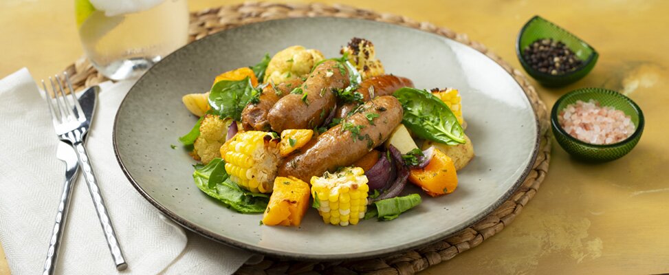 Mild Italian Pork Sausage Tray Bake with Parmesan Roasted Vegetables