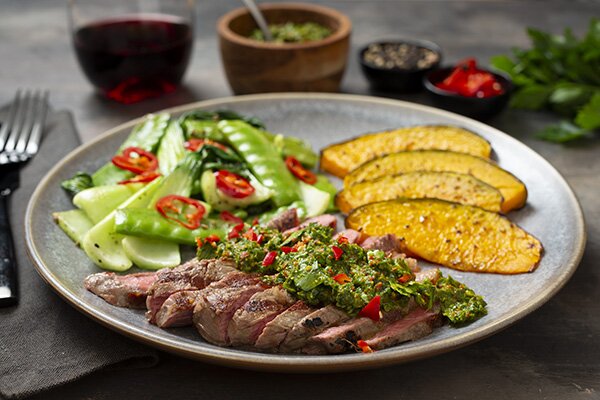 Porterhouse Steak with Chimichurri Sauce and Three Veg