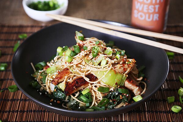 20 Minute Sticky Pork Noodles with Sesame & Asian Greens