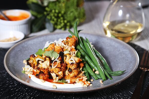 Bang Bang Cauliflower with Rice Pilaf, Green Beans and Yoghurt