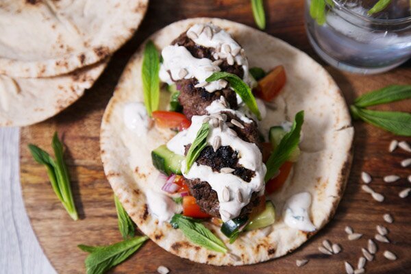 Beef & Lamb Shawarma with Tomato, Cucumber, Mint and Yoghurt Sauce