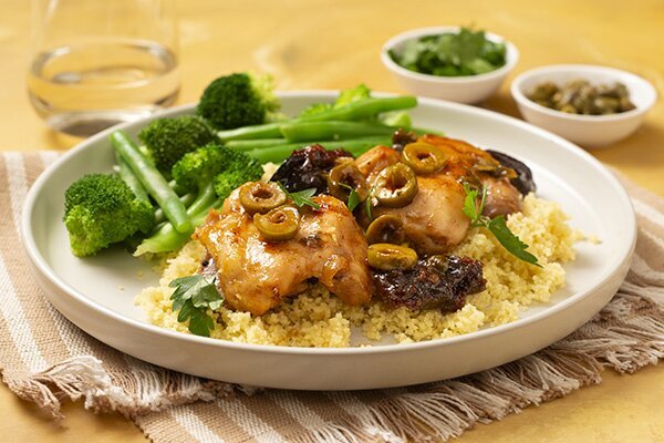 Chicken Marbella with Couscous and Green Veg